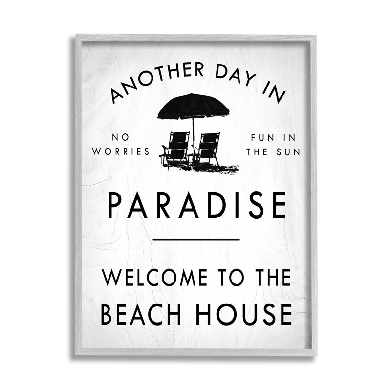 «L'autre jour au paradis», signe de la maison de plage, parapluie encadré blanc, art texturé par Daphne Polselli