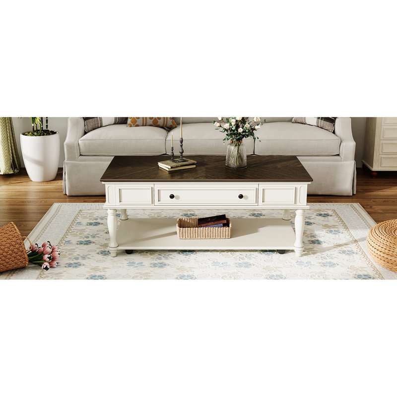 Table basse style rétro, tiroir pour télécommandes, roues verrouillables, structure en pin, plateau, pieds en bois d'hévéa blanc avec un tiroir, placage universel, design gris et blanc