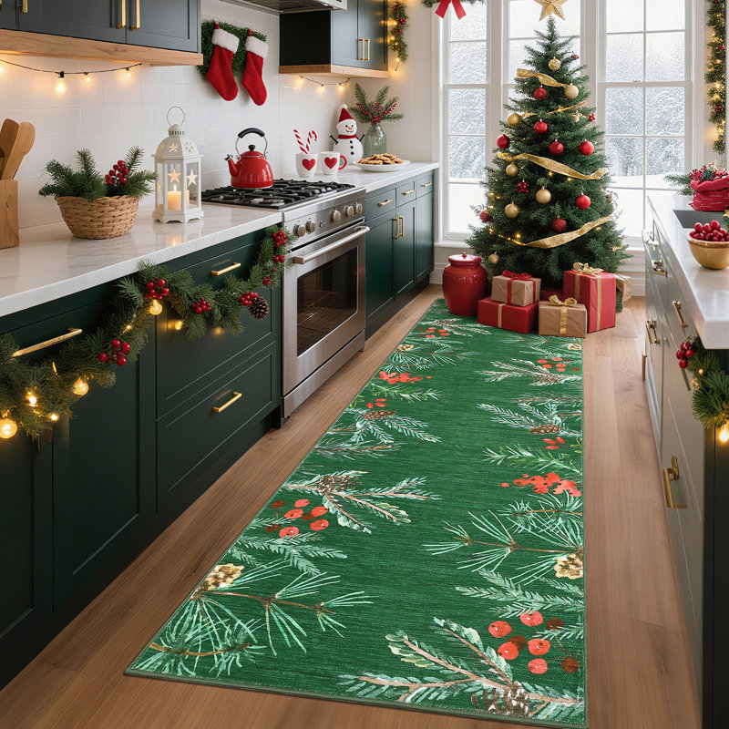 Christmas Pine Cone Non-Slip Holiday Rug, Green, 60*230cm
