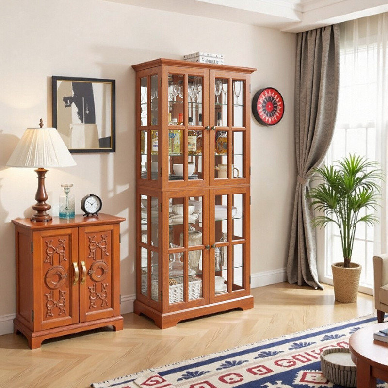 Grande vitrine à 4 portes avec ampoule incluse, Brun