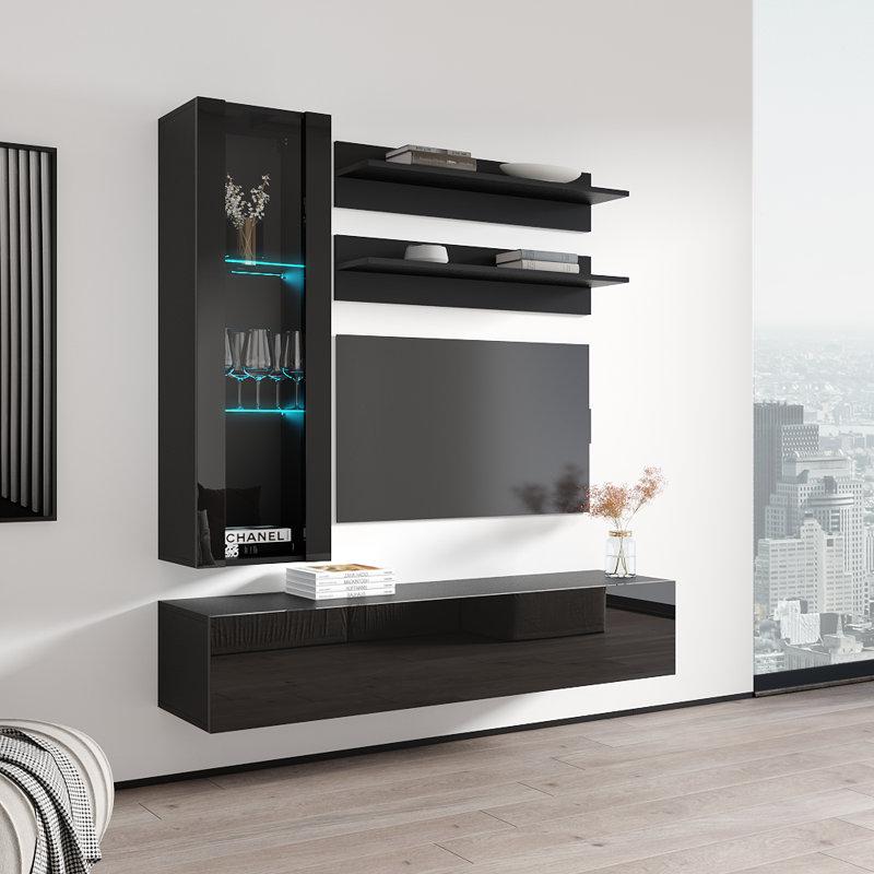Visser 63" Modern Floating Wall Mounted Entertainment Center with 16-Color LED Lighting, High Gloss Finish, Black