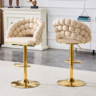 Modern Adjustable Bar Stools, Beige Velvet With Gold Metal Legs For Kitchen