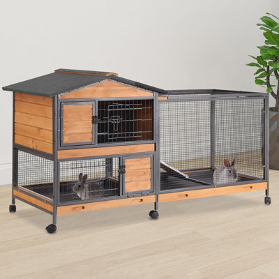 62" Rabbit Hutch with Chew-Proof Ramp & Waterproof Roof - Indoor/Outdoor Bunny Cage, 2-Story Design, 6 Lockable Caster Wheels & Dual Pull-Out Trays (Orange)