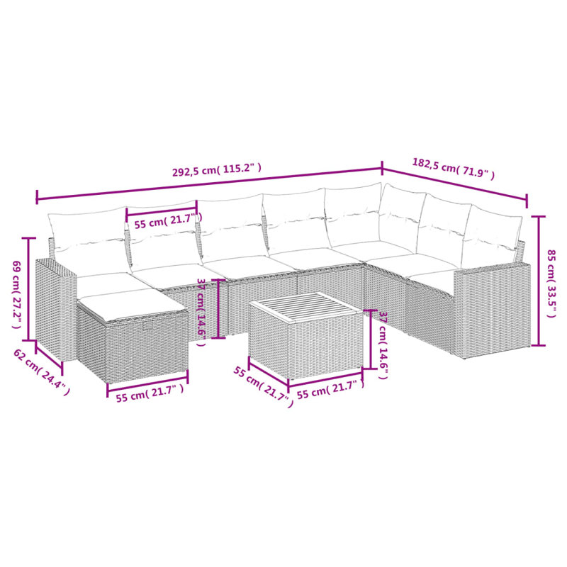 Ensemble de canapé de patio 9 pièces avec coussins en rotin de polyester, Gris, Marine