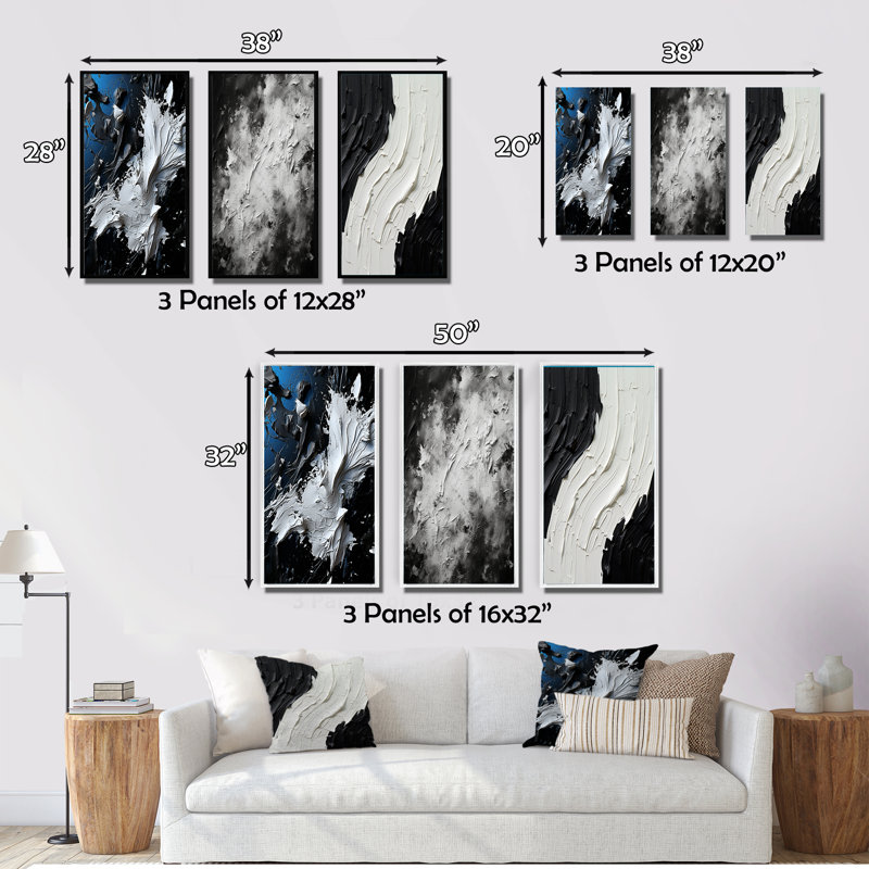 «Momentary Spirit» noir et blanc abstrait II - ensemble de 3 peintures abstraites, Cadre flottant doré, H 40 po x l 60 po
