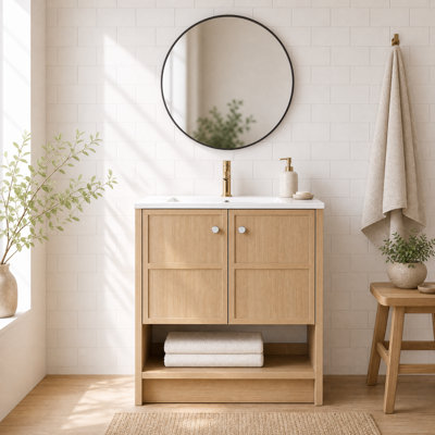 Meuble-lavabo autoportant de 30 pouces avec lavabo en céramique, 2 portes à fermeture douce et tablette ouverte, armoire de rangement en contreplaqué de chêne pour petite salle de bain, salle d'eau
