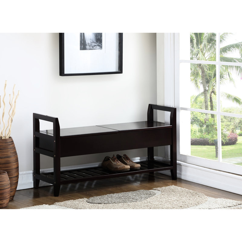 Shoe Bench With Beige Upholstery And Shelf Storage Options