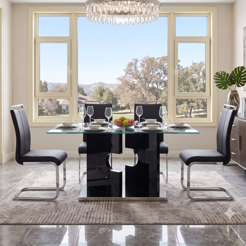 63"  Dining Table Set, Glass Dining Room Table Set with Open-Frame Legs and PU Leather Chairs, Black