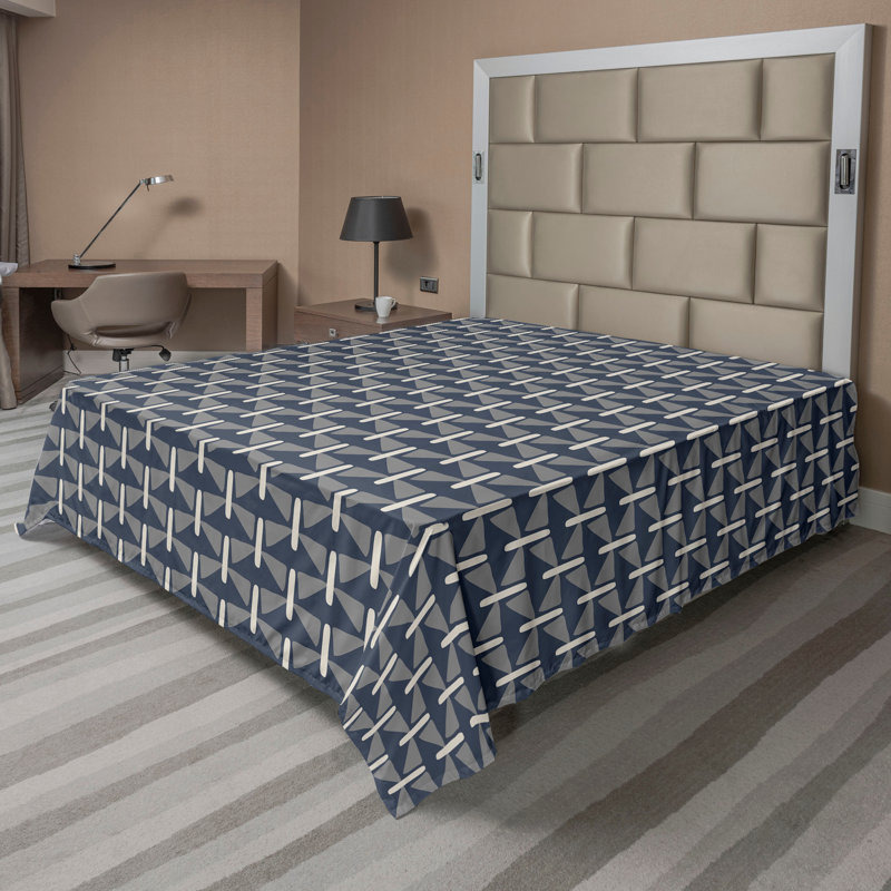 Drap-housse à motif floral Ambesonne, Drap plat de taille très grand, Bleu foncé et gris / motif géométrique coquille