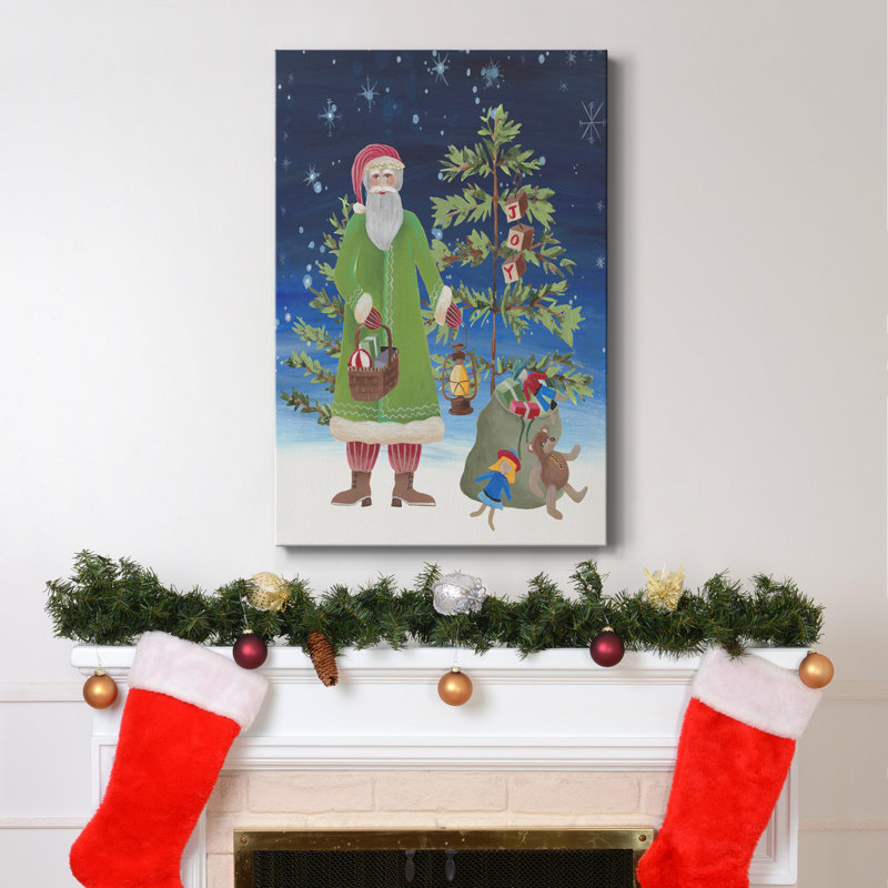 Toile tendue avec châssis de qualité supérieure Folksy Father Christmas II - prête à être accrochée