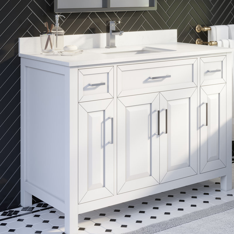 Terrence White 48" W x 22" D Single Sink Bathroom Vanity with Power Bar & USB Outlet, Engineered Stone Top, Drawer Organizer, Undermount Ceramic Sink 
