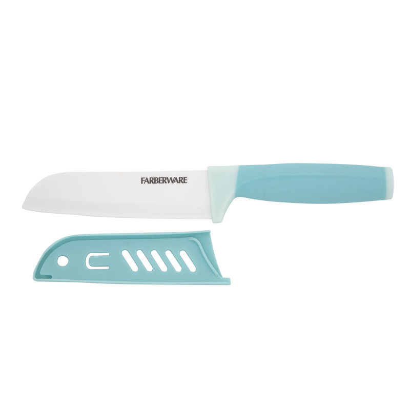 Farberware Ceramic 5-Inch Santoku Knife With Custom-Fit Blade Cover, Razor-Sharp Kitchen Knife With Ergonomic, Soft-Grip Handle, Dishwasher-Safe, 5-Inch, Aqua