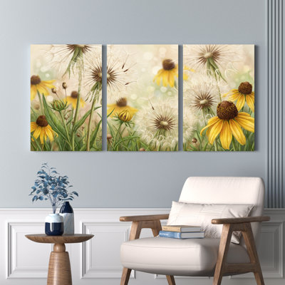 Dandelion And Yellow Flowers Nature Landscape Canvas Wrapped Wall Art Set Of 3