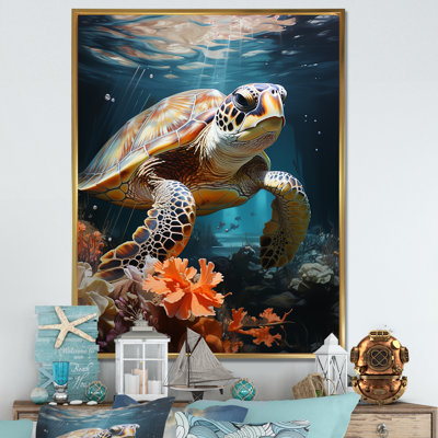 Sea Turtle Canvas Wall Art, Ocean Wildlife Animal Print - Playful Sea Turtle I