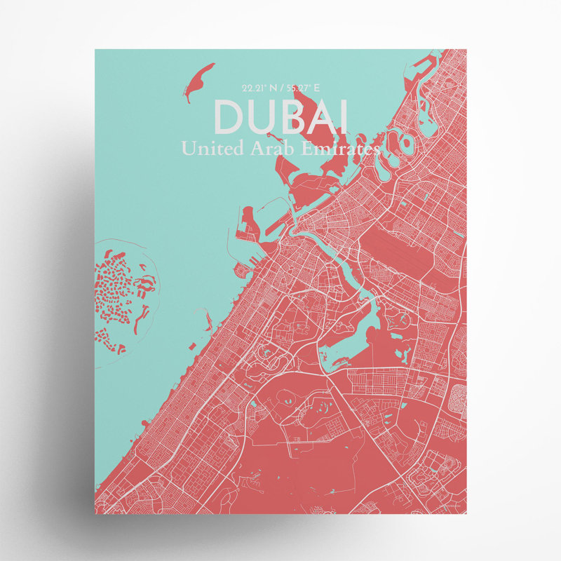 Dubai City Map in Maritime 1 Piece Wall Art, 20cm H x 16cm W x 0.05cm D