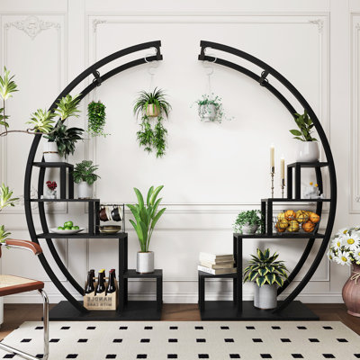 5-Tier Tall Metal Plant Stand Set Of 2 In Black, Half-Moon Shape Flower Shelf With 4 Hanging Hooks Freestanding Multi-Level For Indoor And Outdoor Garden, Patio And Balcony Display