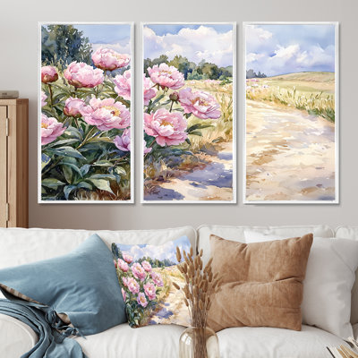 Pivoines le long de l'allée de la ferme I - Art mural pivoines - ensemble de 3