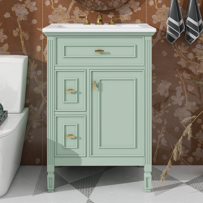 Meuble-lavabo 24 po avec lavabo, armoire de rangement en bois massif avec 2 tiroirs et un tiroir basculant, tablettes réglables