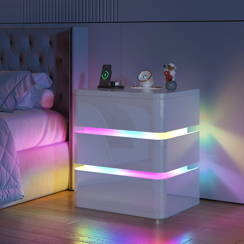 Fully Assembled 3-Drawer Nightstand with Charging Station and Motion Sensor RGB Light, Curved Profil, White