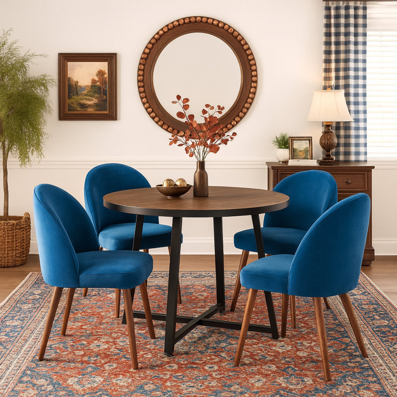4-Person Round Dining Set With Table And Chairs For Kitchen Or Dining Room, Blue, Brown