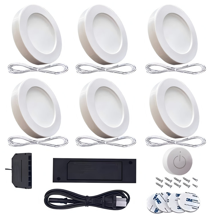 PL05 6 Pack 4000K Mini Puck Light with Wireless Dimmer 12V 2W/pc for Under Cabinet Lighting