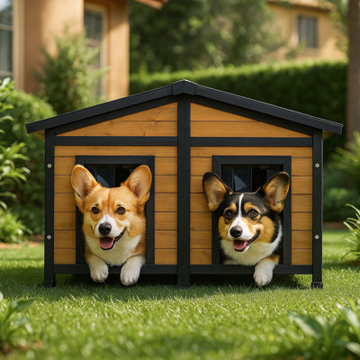 Double Wooden Dog House with Weatherproof Roof