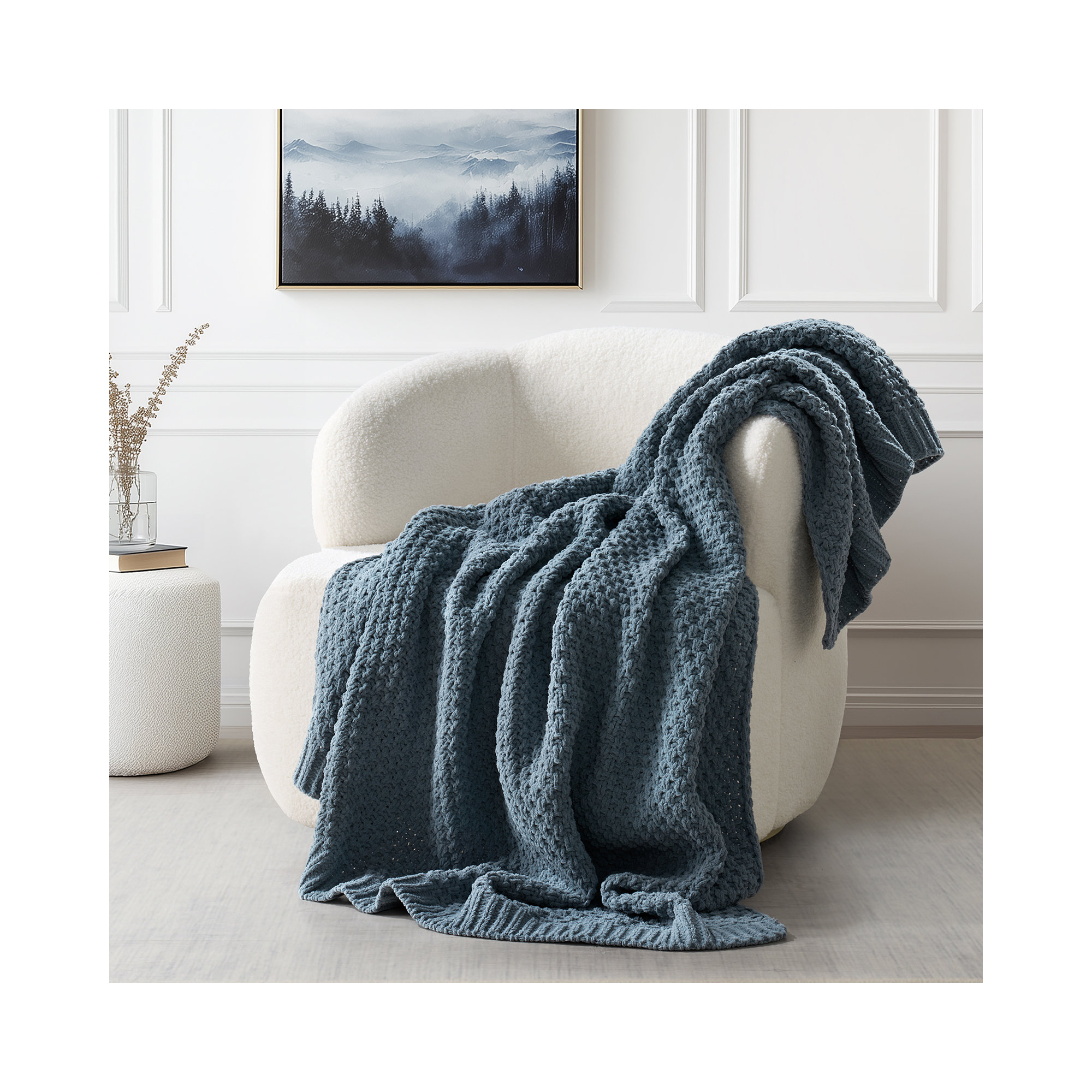 Chunky Chenille Knit Throw Blanket, 60" L x 50" W, Stormy Blue