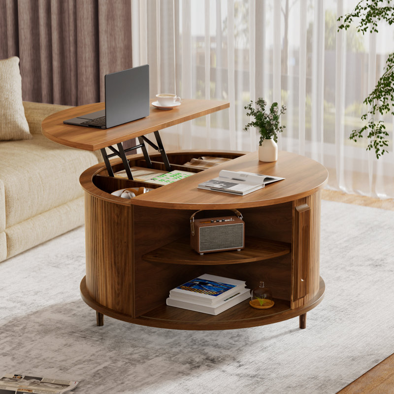 Round Coffee Table Lift Top with Storage and Sliding Door, 31.5" Mid Century Fluted Small Center Table for Living Room, Walnut