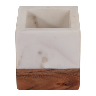 Organisateur de bureau moderne en marbre et en bois pour décoration de maison - Accessoire de bureau décoratif de chambre à coucher parfait pour le rangement de table de bureau - 4 po, blanc et brun