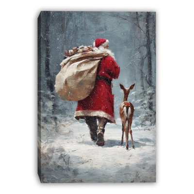 Père Noël marchant dans la neige avec renne, art mural sur toile