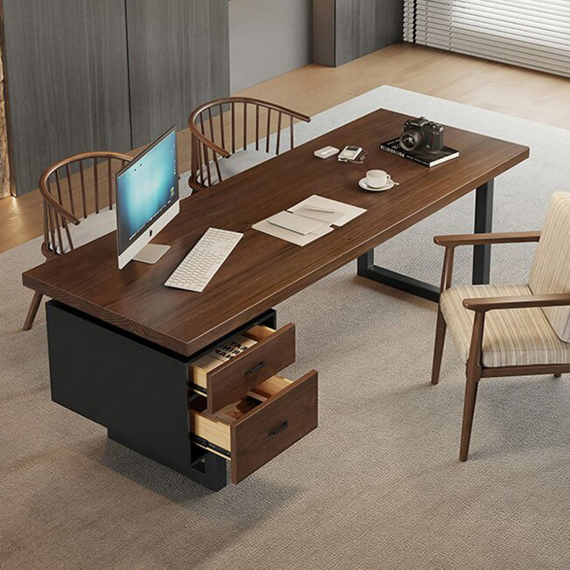 Bureau double caisson rectangulaire en bois massif avec tiroirs, 29.53" H x 55.12" W x 27.56" D