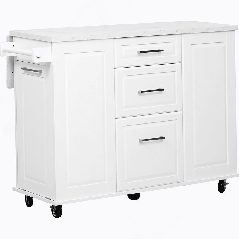50.7" Kitchen Island With Storage Tilt Trash Can Cabinet And Pull Out Cabinet Organizer, Rolling Kitchen Island On 5 Wheels With Drop Leaf, 2 Drawers, 1Door For Kitchen, Dining Room, White