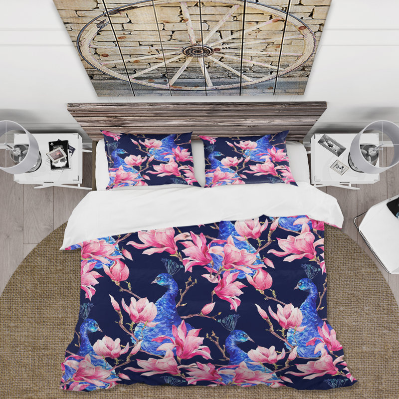 Paon Phinehas et fleurs de magnolia roses II - ensemble de housse de couette traditionnel - microfibre de polyester