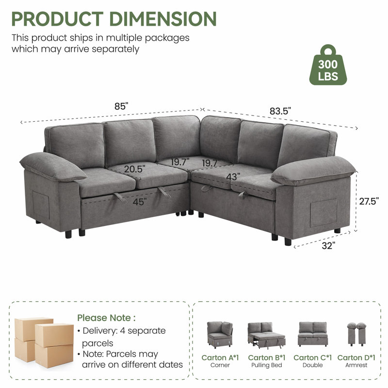 85" Modern L-Shape Sleeper Sectional - Modular 5-Seater Convertible Sofa with Pull-Out Bed & Storage, Light Grey