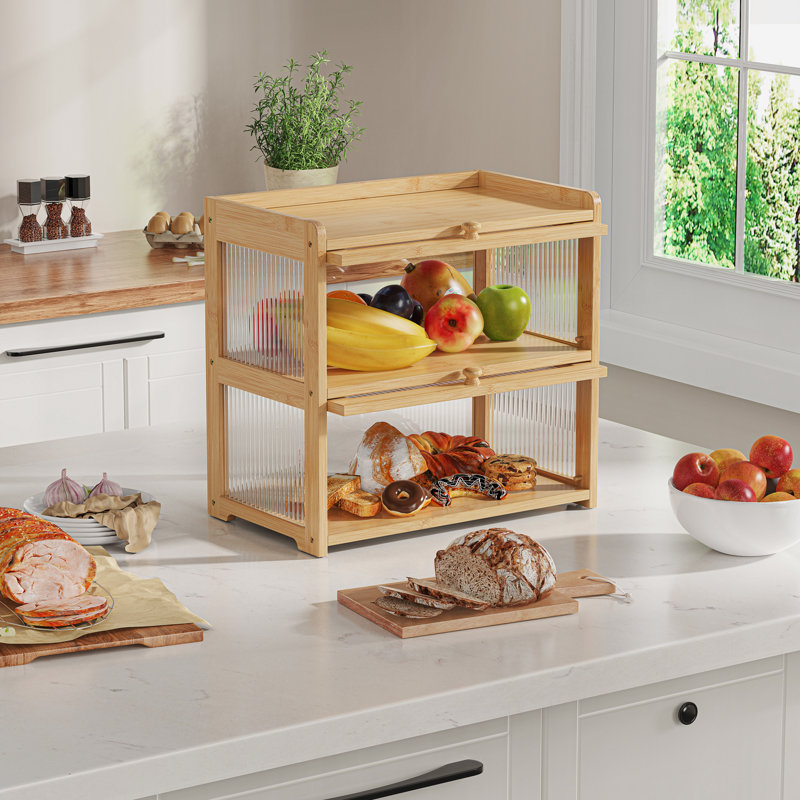 Bamboo Bread Box With Double Layer & 4 Sides Clear Window