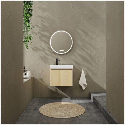 24 Inch Bathroom Vanity with Ceramic Basin, Wall Mounted Floating Vanity Sink Combo, Wooden Storage Cabinet with Double Doors for Bathroom,Oak