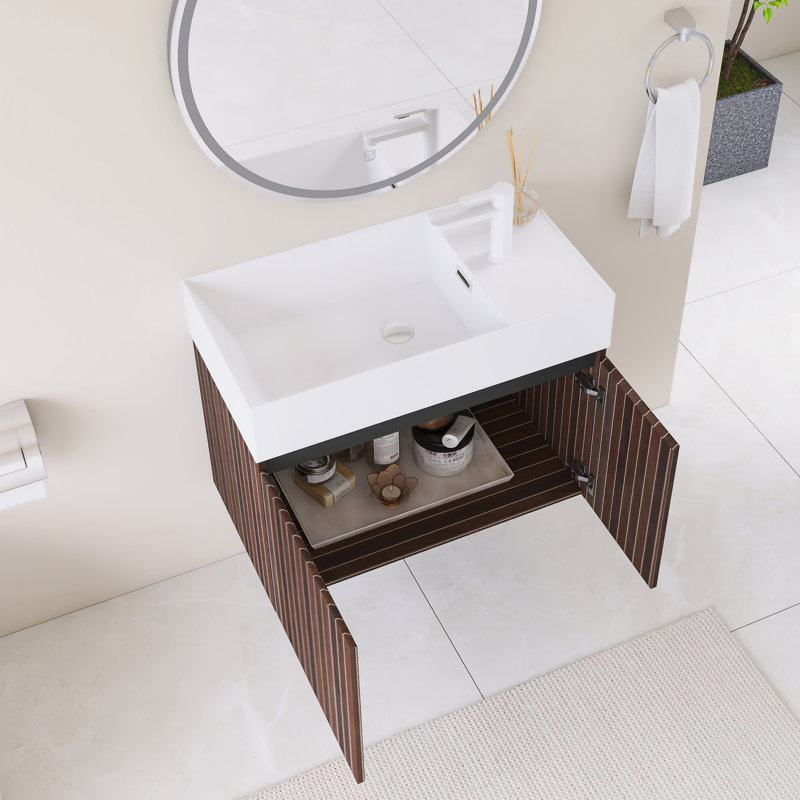 Meuble-lavabo mural simple 30 po avec plateau intégré en résine blanche, 30", Brun