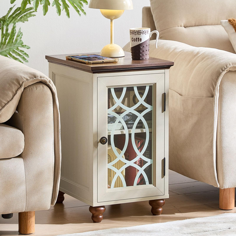 Table d'appoint étroite avec rangement en verre, Blanc antique, Ensemble de 2
