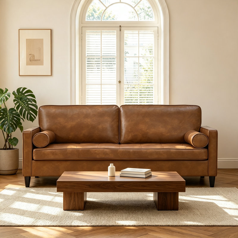 Canapé en cuir de conception classique, similicuir respirant avec coussin de siège capitonné, pieds en bois massif pour le salon, brun