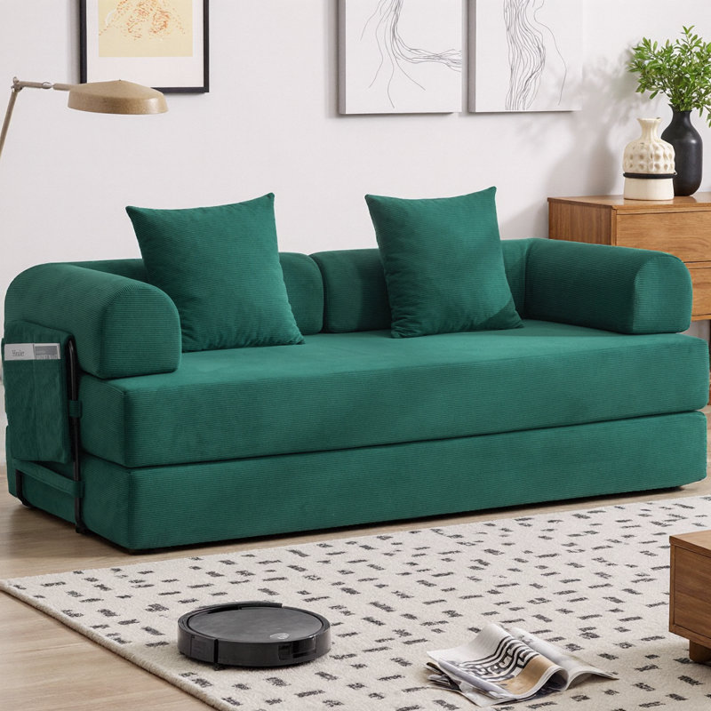 Canapé-lit modulaire pliable compressé avec structure en métal, canapé convertible 2 places en velours côtelé avec pochette de rangement pour les petits espaces, les appartements et les dortoirs