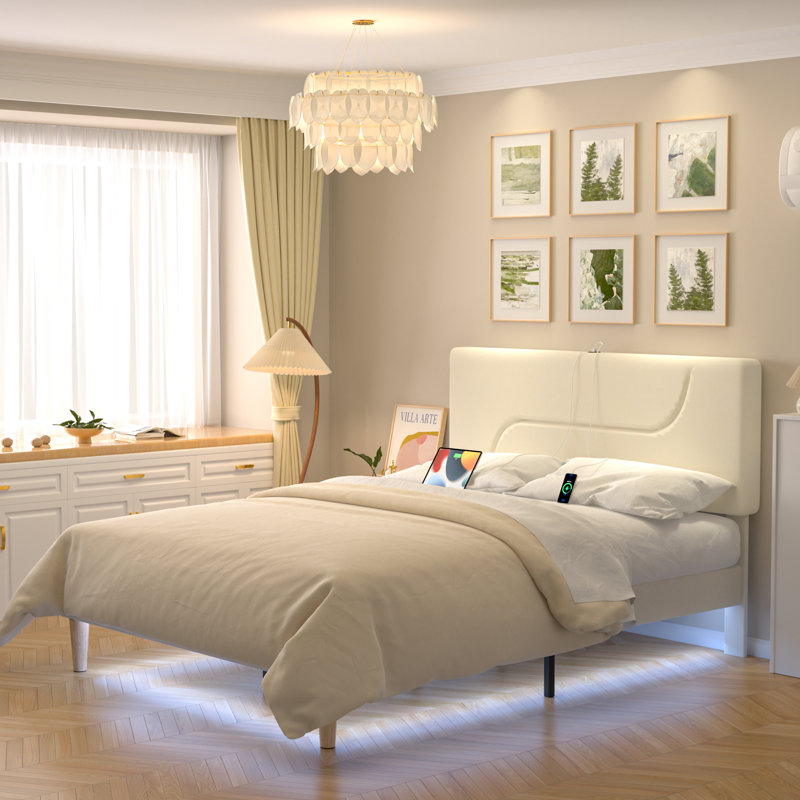  Tête de lit tapissier à DEL avec station de charge et port USB, support de lit plateforme en bois, aucun sommier nécessaire