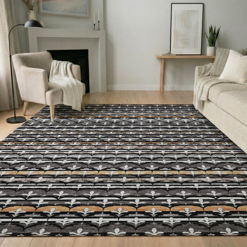 Tapis damassé de qualité supérieure Mayfield AMF2479, Noir, 8 pi x 10 pi