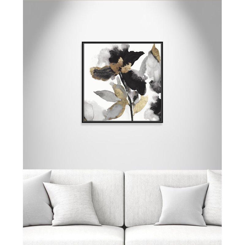 Black and Gold Floral Canvas Print with Ornate Frame, 26x26
