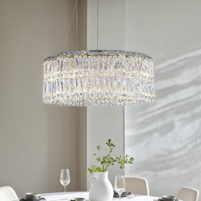 Lustre en cristal clair pour salon de luxe en fer chromé + DEL en cristal transparent tricolore