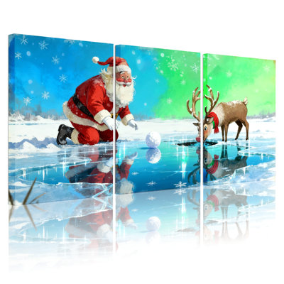 Ensemble de 3 impressions sur toile de Noël, père Noël jouant avec des rennes sur la glace