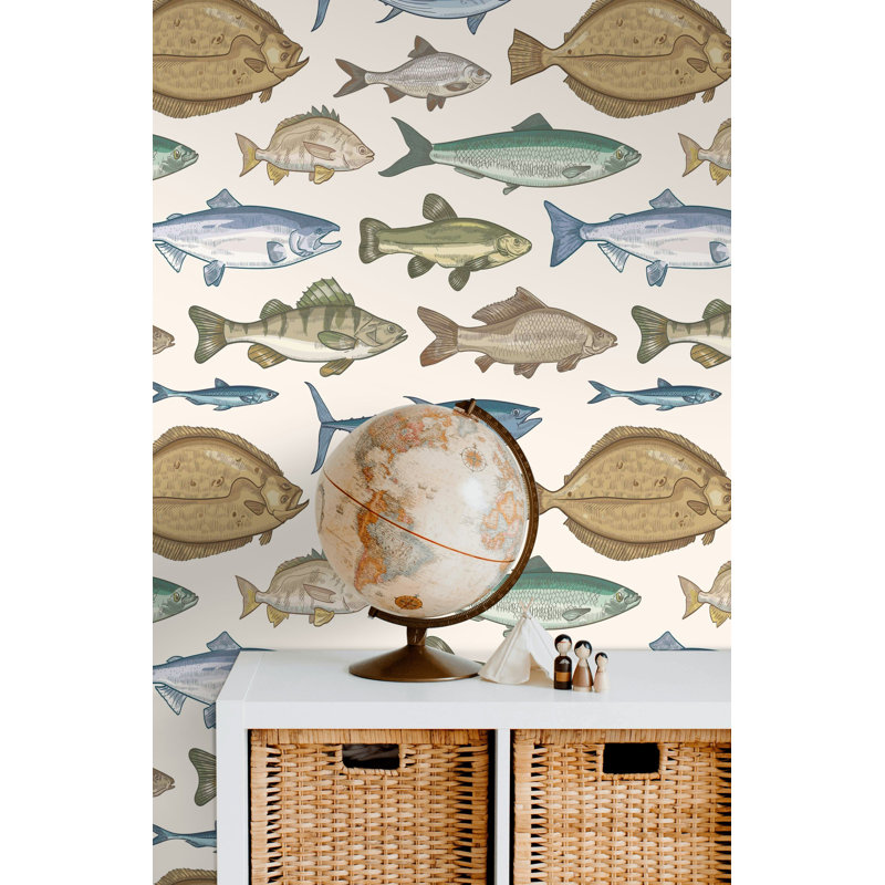 Papier peint poisson, adhésif mural rétro