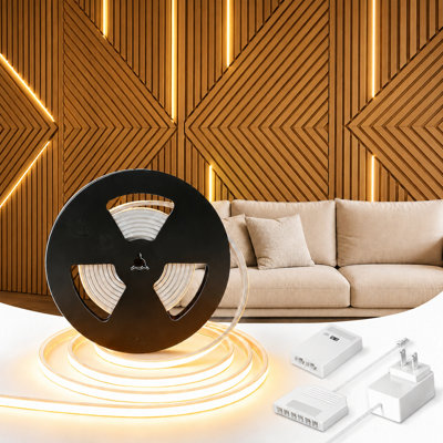 Bande lumineuse DEL en silicone V4light 12v avec contrôle intelligent, lueur sans points, blanc réglable 2700k – 5000k, Cri 90+, flexible et coupable pour mur à lattes, vitrine et intérieurs modernes