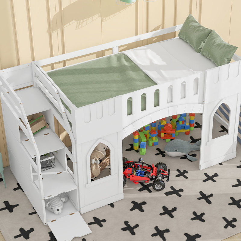 Lit mezzanine blanc simple avec caractéristiques ludiques et rangement - une fenêtre de construction stable crée une atmosphère de chambre à coucher confortable