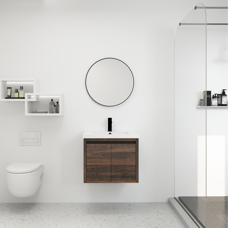 Modern Bathroom Vanity With Sink - 24X18, Wall Mounted, Soft Close Doors, Walnut, Spacious Storage 24 Inch Cabinet Resin Close, Stylish