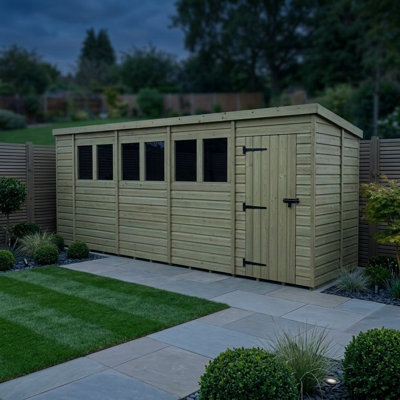 Total Sheds 19ft x 6ft Pent Garden Shed - Single Door - With Windows - Pressure Treated Timber - UK Manufactured